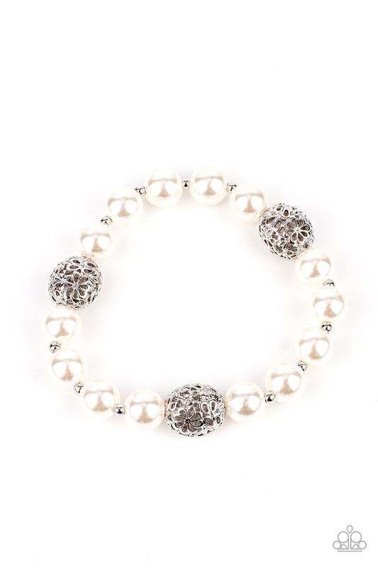 UPSCALE WHIMSY - WHITE PEARLS AND SILVER FLOWER BEADS STRETCH BRACELET