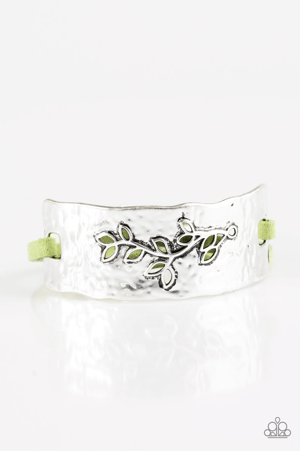 BRANCHING OUT - GREEN SUEDE SILVER TAB LEAF BRANCH WRAP BRACELET