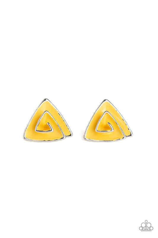 ON BLAST - YELLOW ENAMEL TRIANGLE PYRAMID POST EARRINGS