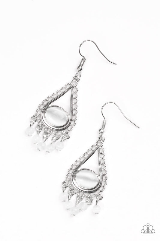 GIVE ME THE GLOW-DOWN - WHITE MOONSTONE SILVER SCALOPED FRAME FRINGE EARRINGS