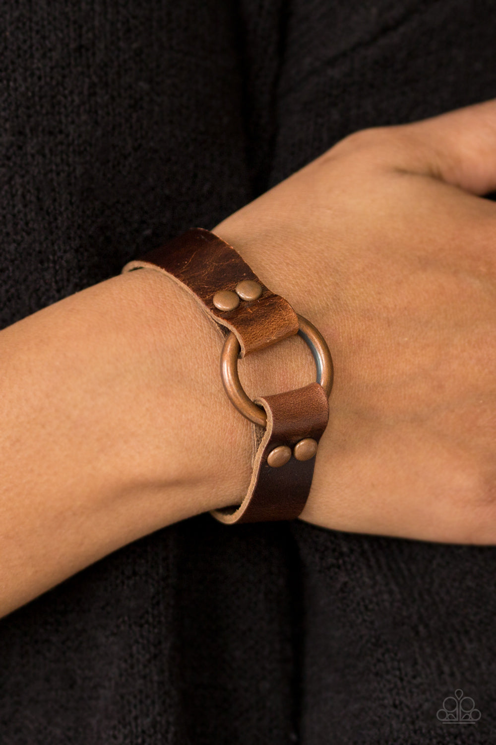 URBAN OUTLAW - COPPER RING BROWN LEATHER WRAP BRACELET