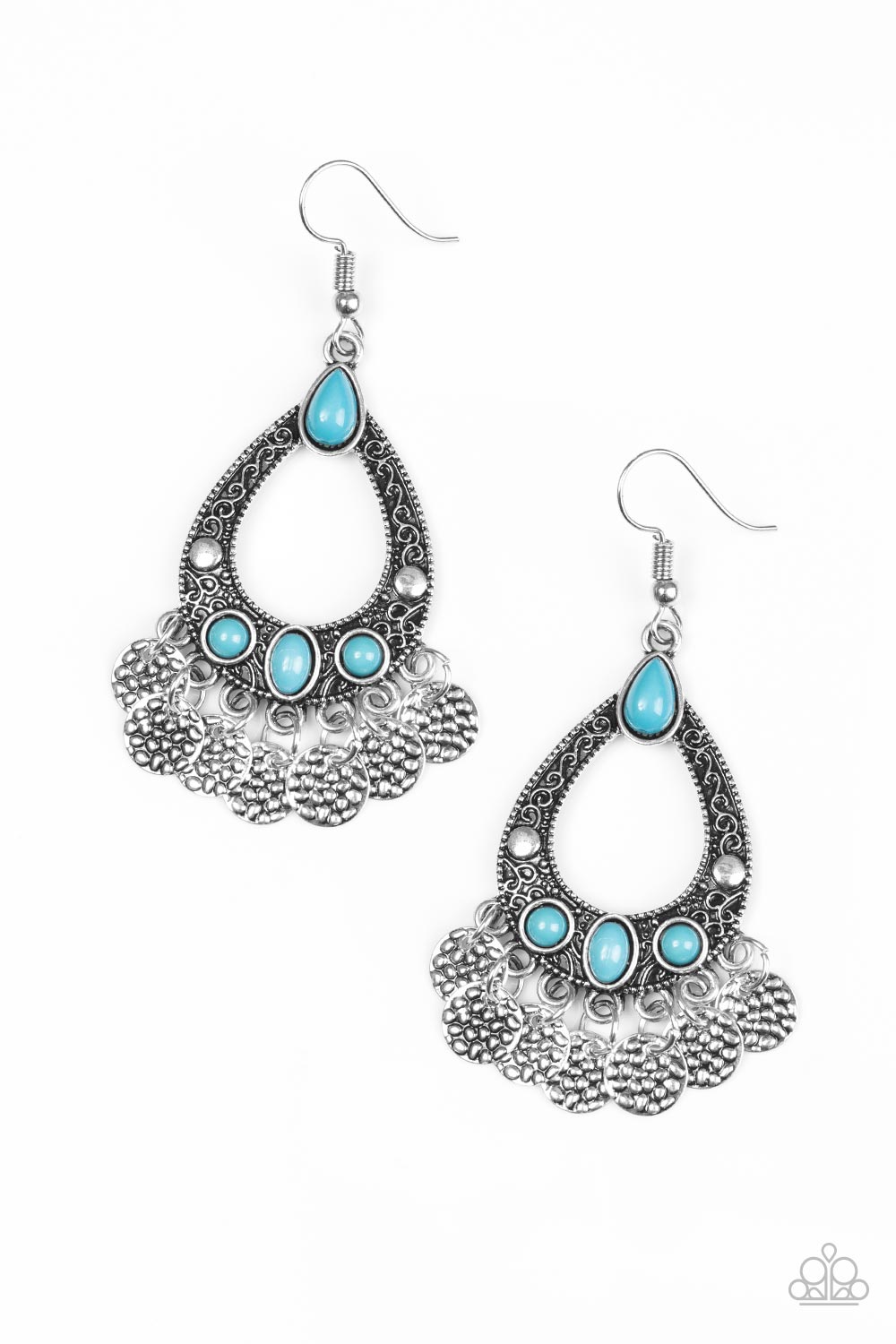 ISLAND ESCAPADE - BLUE TURQUOISE SILVER TEARDROP COINS TEXTURED CHIME FRINGE EARRINGS