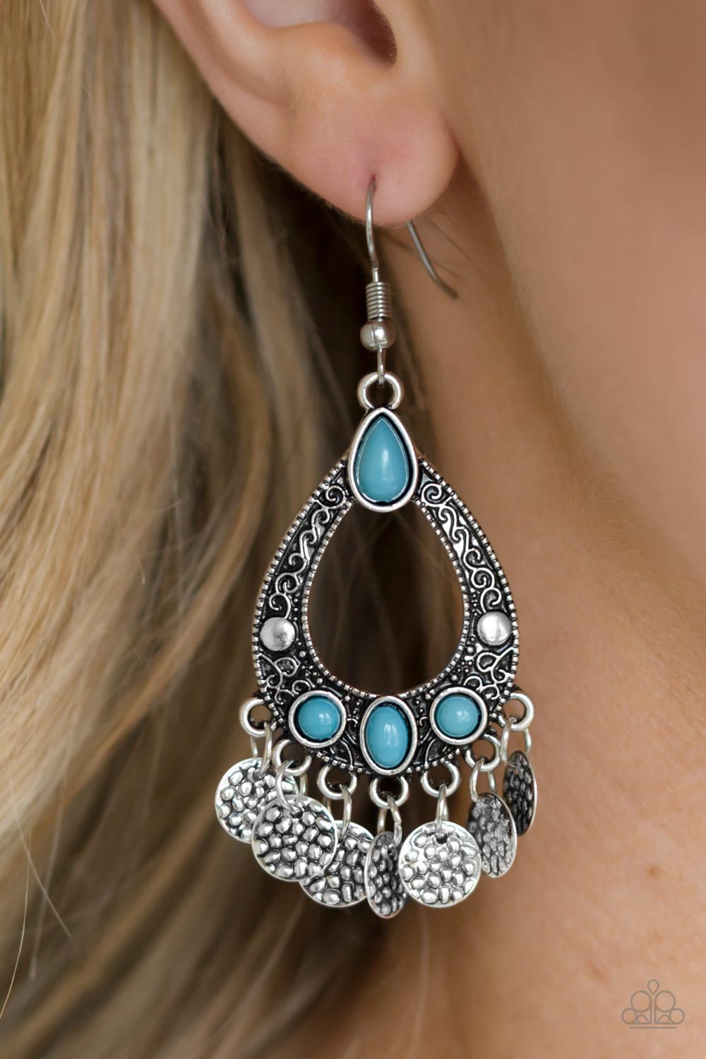 ISLAND ESCAPADE - BLUE TURQUOISE SILVER TEARDROP COINS TEXTURED CHIME FRINGE EARRINGS