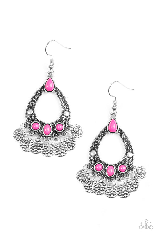 ISLAND ESCAPADE - PINK BEADS SILVER TEXTURED TEARDROP CHIME FRINGE EARRINGS