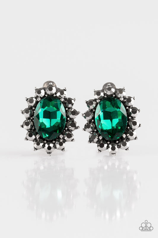 GALA GLAMOUR - GREEN EMERALD RHINESTONE HEMATITE RHINESTONES CLIP-ON EARRINGS
