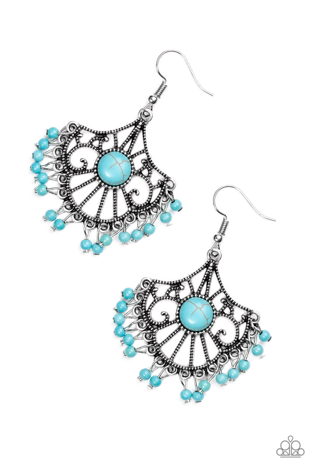 STONE LAGOON - BLUE TURQUOISE FRINGE TEXTURED SILVER CHANDELIER EARRINGS