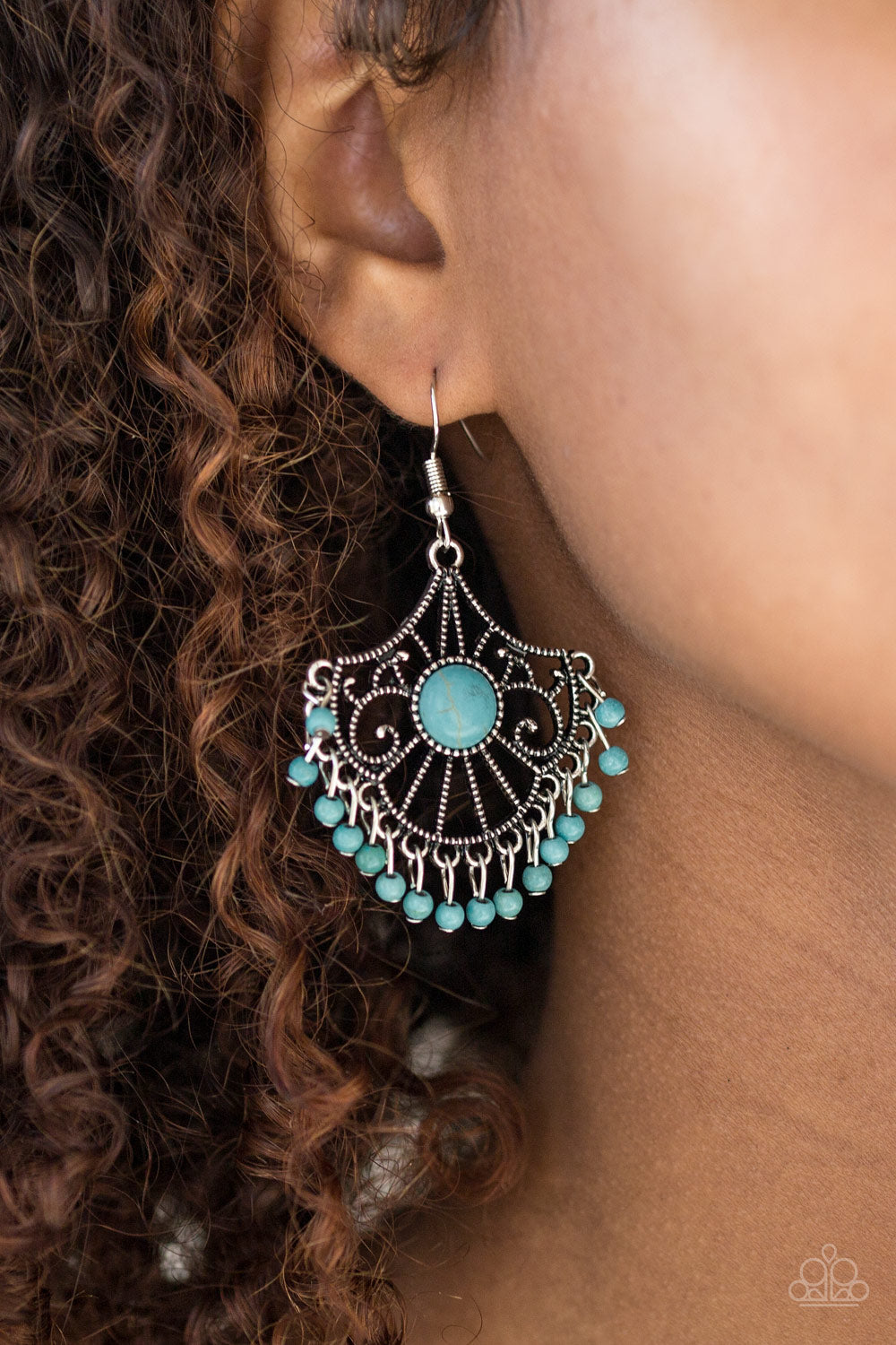 STONE LAGOON - BLUE TURQUOISE FRINGE TEXTURED SILVER CHANDELIER EARRINGS