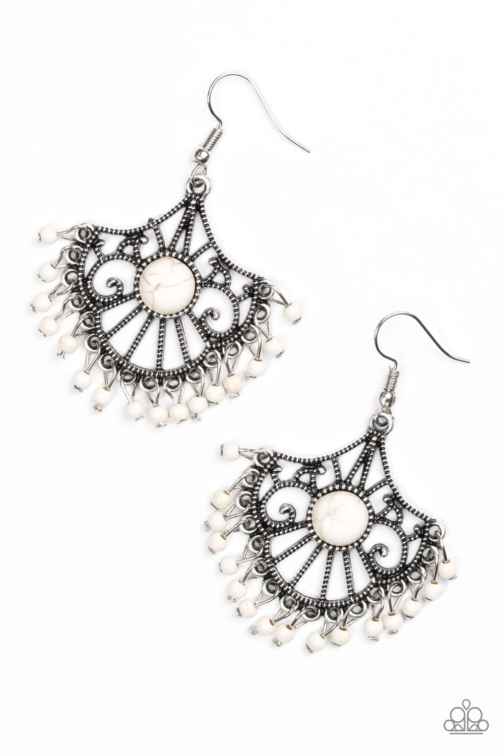 STONE LAGOON - WHITE TURQUOISE SILVER FILIGREE FRINGE EARRINGS