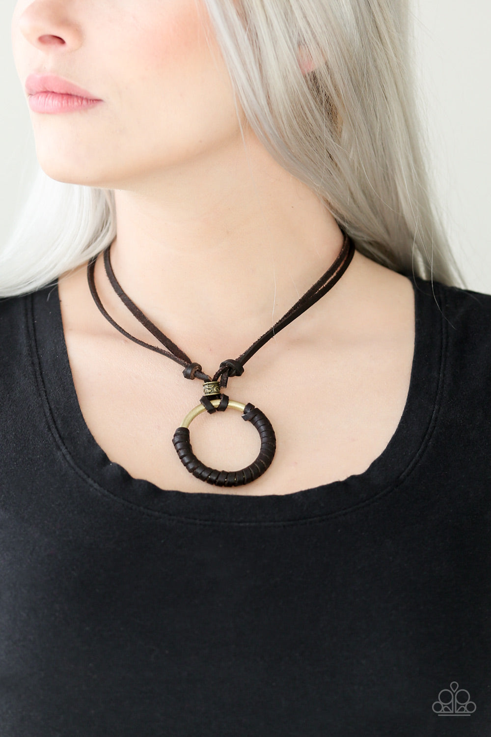 GET OVER GRIT! - BROWN LEATHER AND BRASS ADJUSTABLE NECKLACE