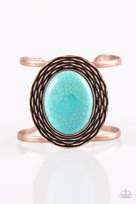 ONE FOR THE RODEO - COPPER TEXTURED BLUE TURQUOISE OVAL CUFF BRACELET