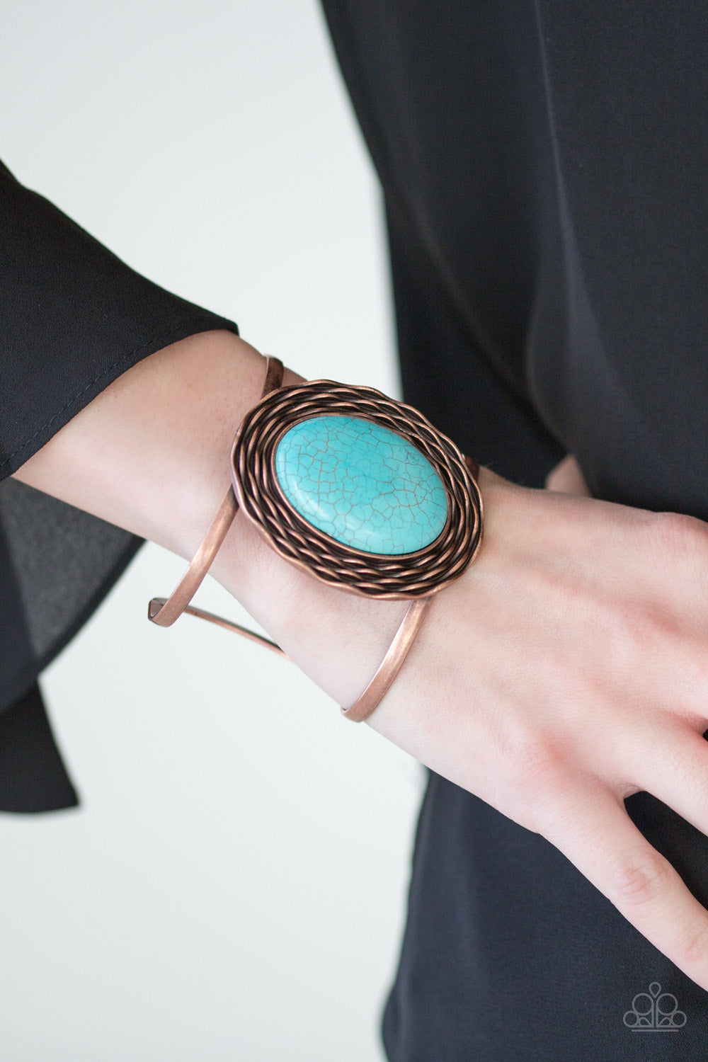 ONE FOR THE RODEO - COPPER TEXTURED BLUE TURQUOISE OVAL CUFF BRACELET
