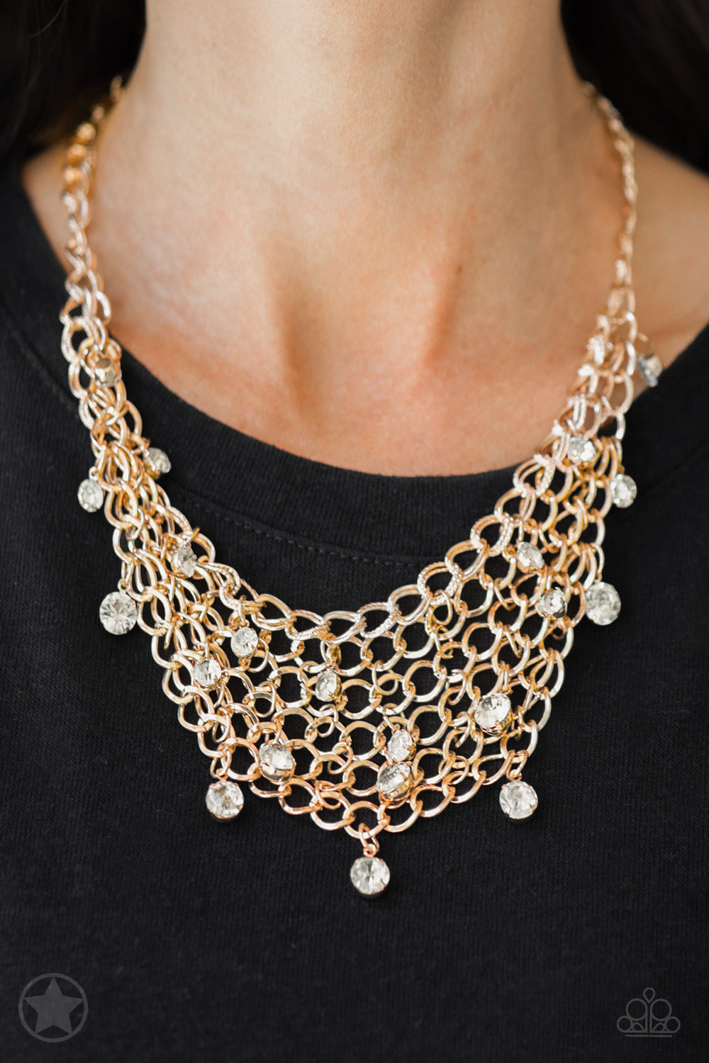 FISHING FOR COMPLIMENTS - GOLD NET MESH WHITE RHINESTONES NECKLACE