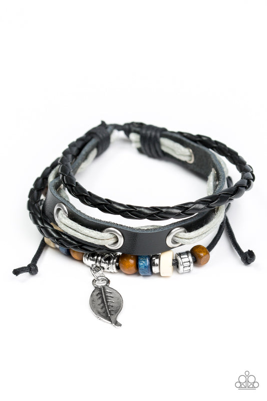 EVER EVERGREEN - BLACK LEATHER WOODEN BEADS LEAF CHARM BRACELET