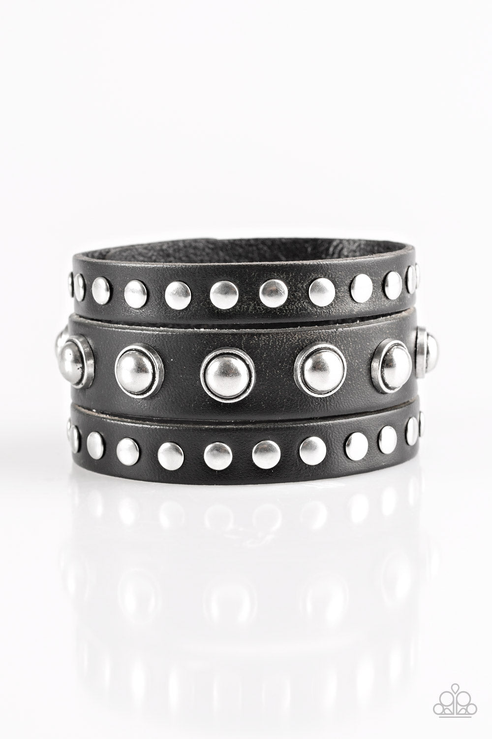 Paparazzi Win Your Spurs Black Leather Wrap Bracelet Silver Studs