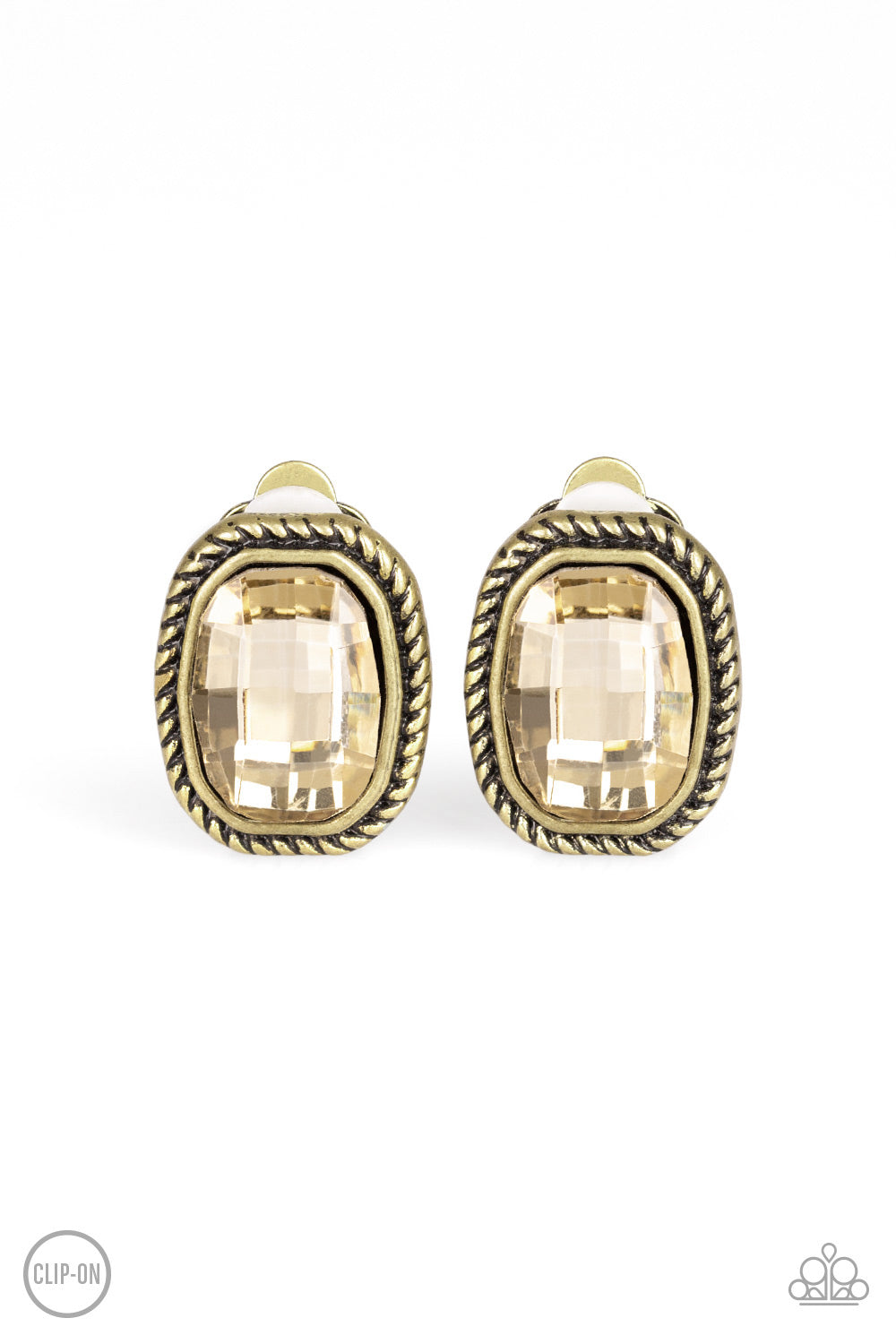 BEAM DREAM - BRASS TOPAZ RHINESTONE SOLITAIRE CLIP ON EARRINGS