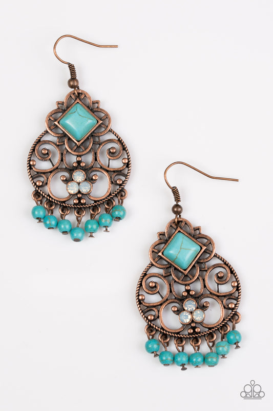 WESTERN WONDER - COPPER FILIGREE BLUE TURQUOISE OPALESCENT RHINESTONES FRINGE EARRINGS
