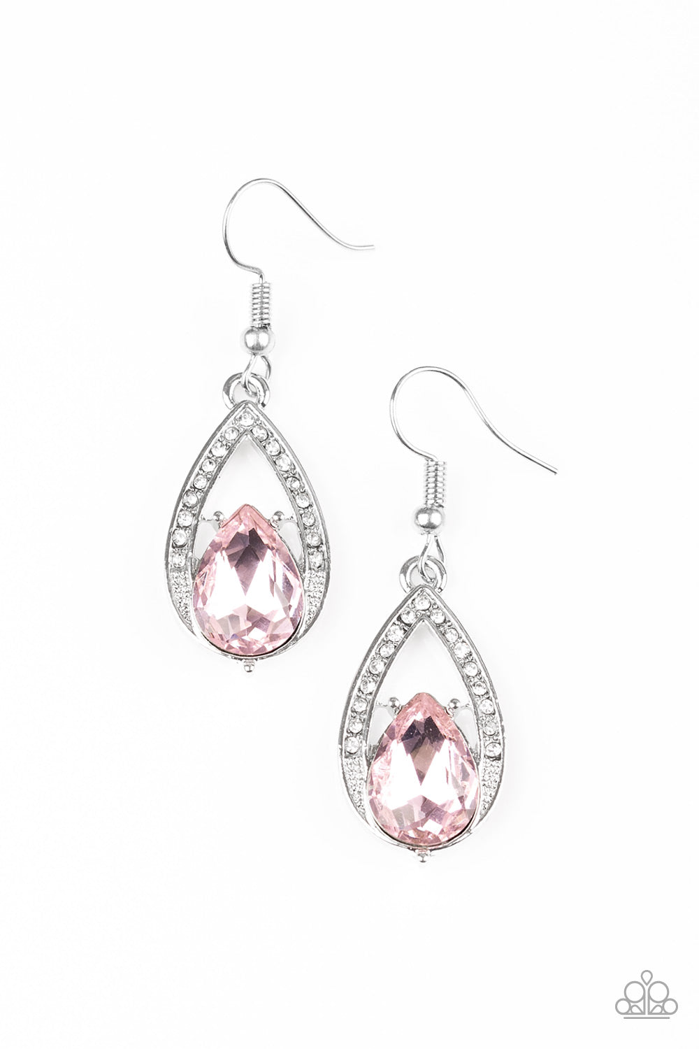 GATSBY GRANDEUR - PINK RHINESTONE SILVER TEARDROP FRAME EARRINGS