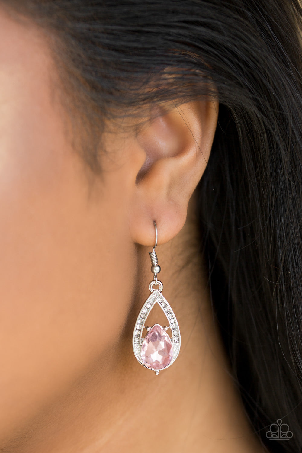 GATSBY GRANDEUR - PINK RHINESTONE SILVER TEARDROP FRAME EARRINGS