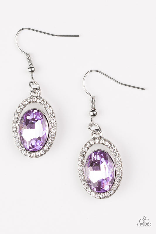 IMPERIAL SHINE-NESS - PURPLE AMETHYST LAVENDER LILAC RHINESTONE OVAL SILVER FRAME DAINTY EARRINGS