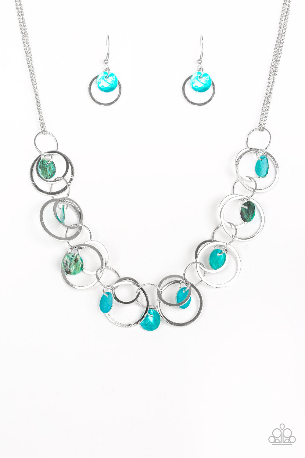 A HOT SHELL-ER - BLUE SHELL MOTHER OF PEARL DISCS SILVER HOOPS NECKLACE