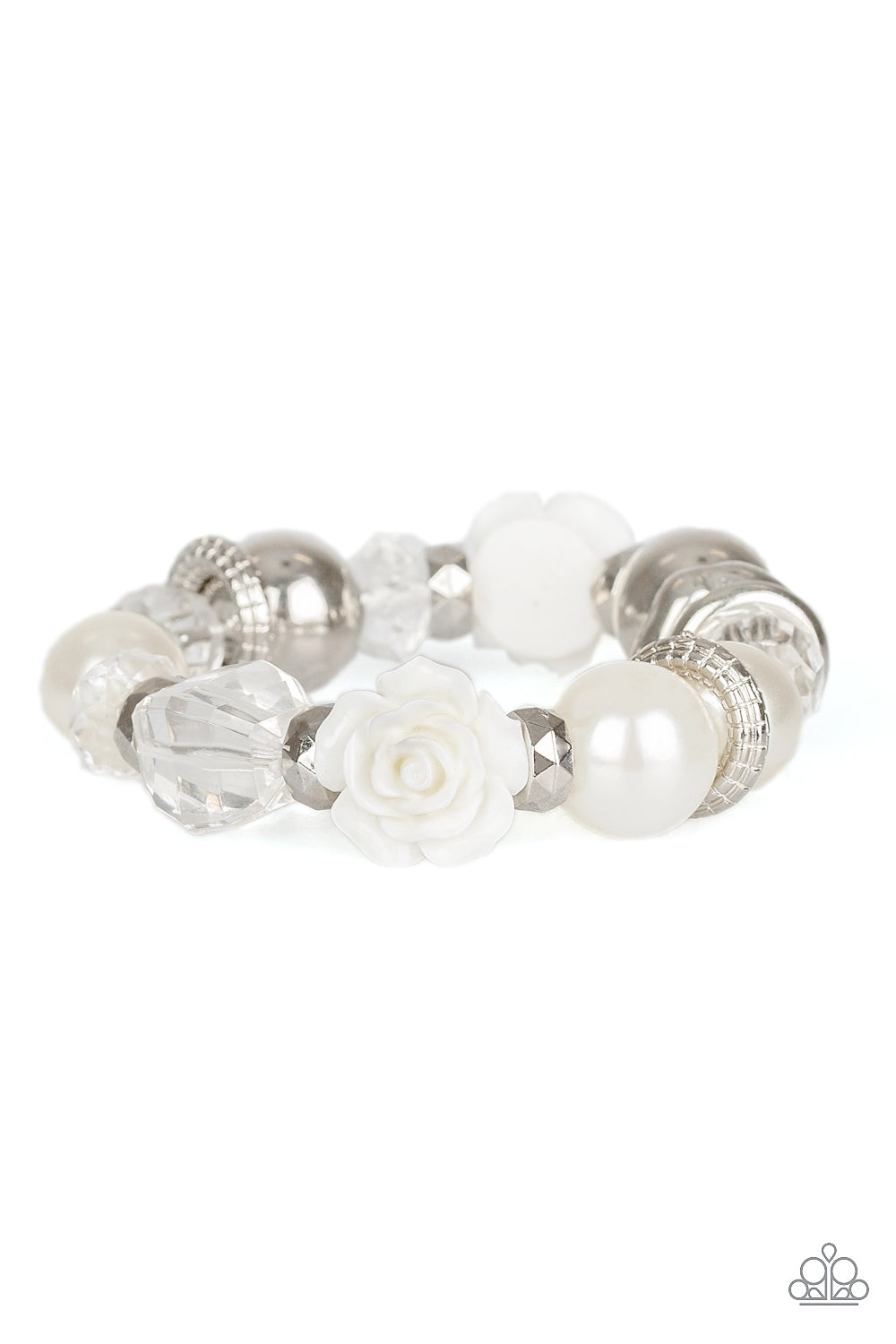 HERE I AM - WHITE PEARLS ROSE SILVER BEADS STRETCH BRACELET