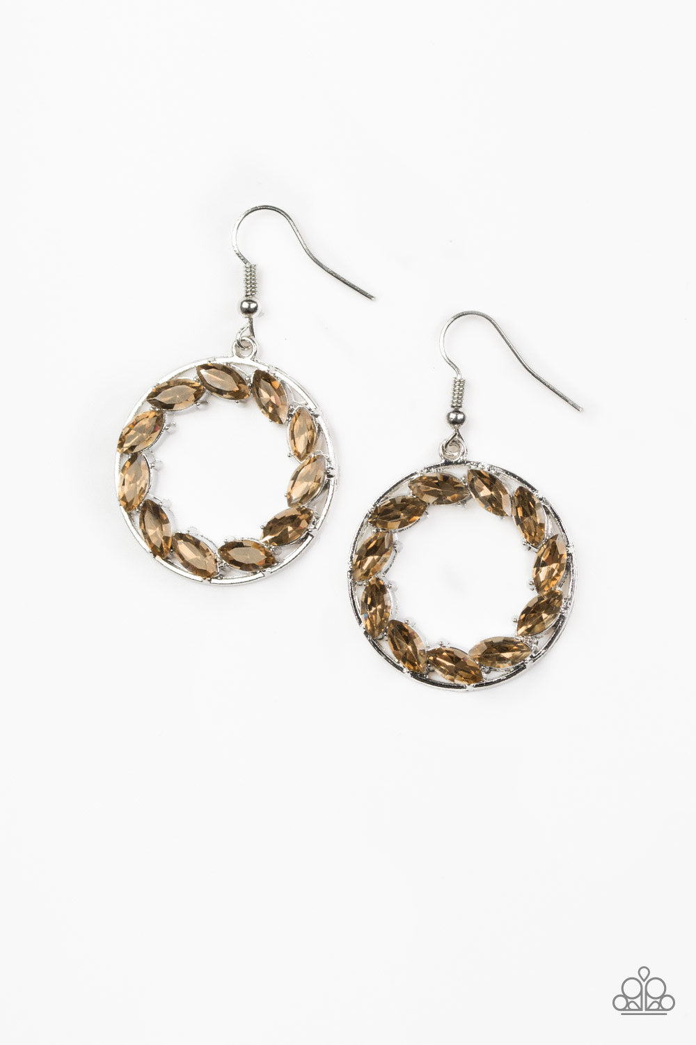 GLOBAL GLOW - BROWN TOPAZ RHINESTONES SILVER CIRCLE HOOP EARRINGS