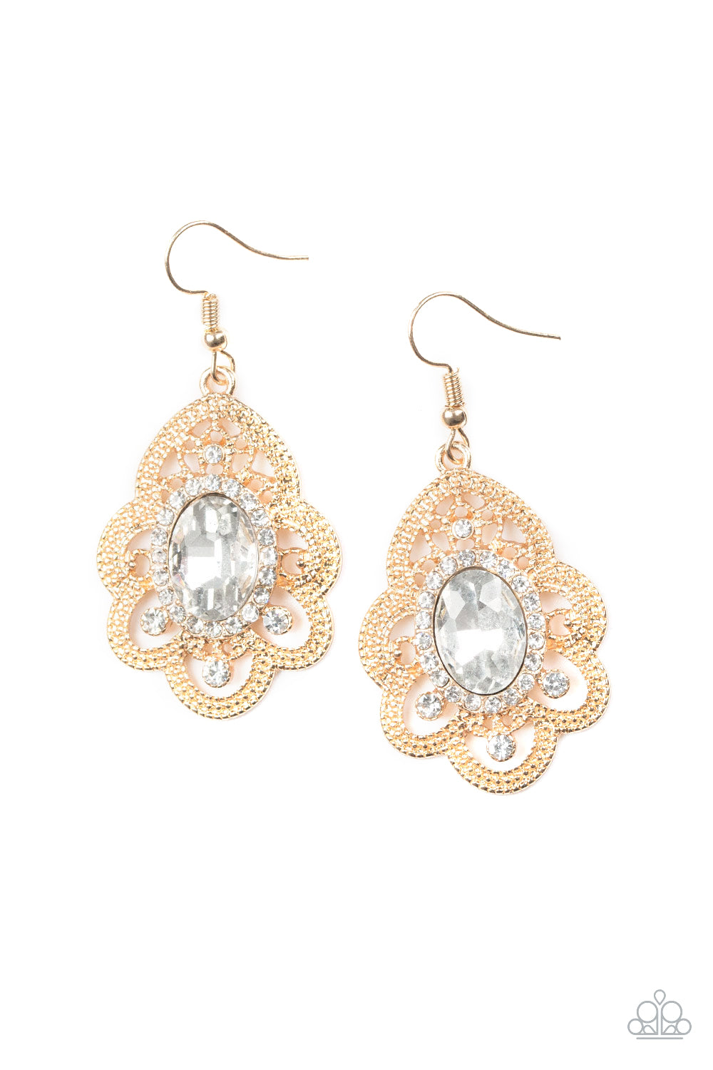 REIGN SUPREME - GOLD FILIGREE SCALLOPED OVAL CLEAR RHINESTONE PENDANT EARRINGS