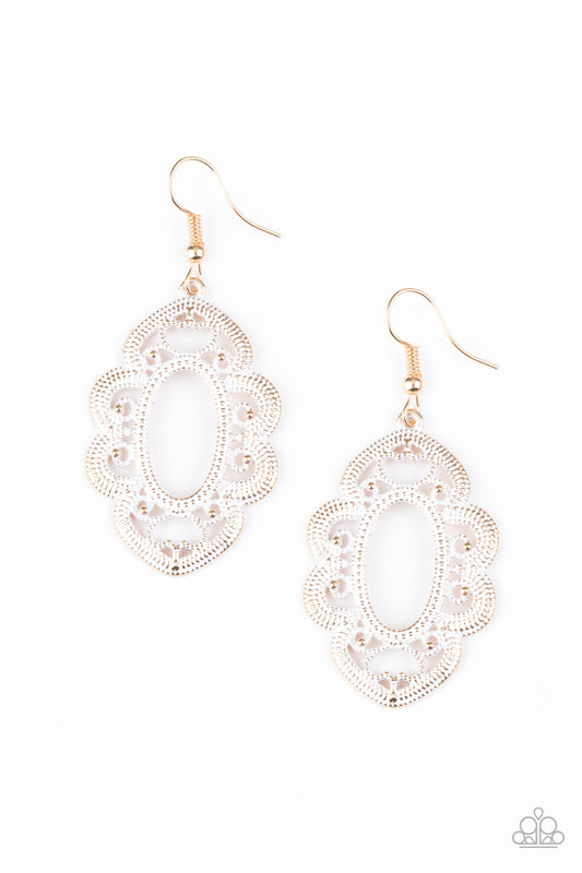 MANTRAS AND MANDALAS - GOLD WHITE SCALLOPED OVAL FRAME EARRINGS