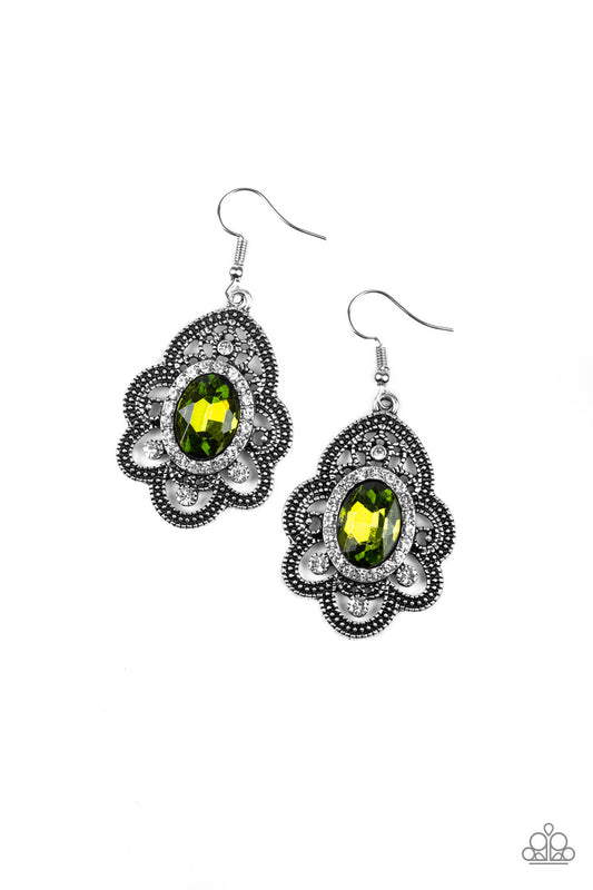REIGN SUPREME - GREEN OVAL PERIDOT RHINESTONES FILIGREE ANTIQUE SILVER SCALLOPED EARRINGS