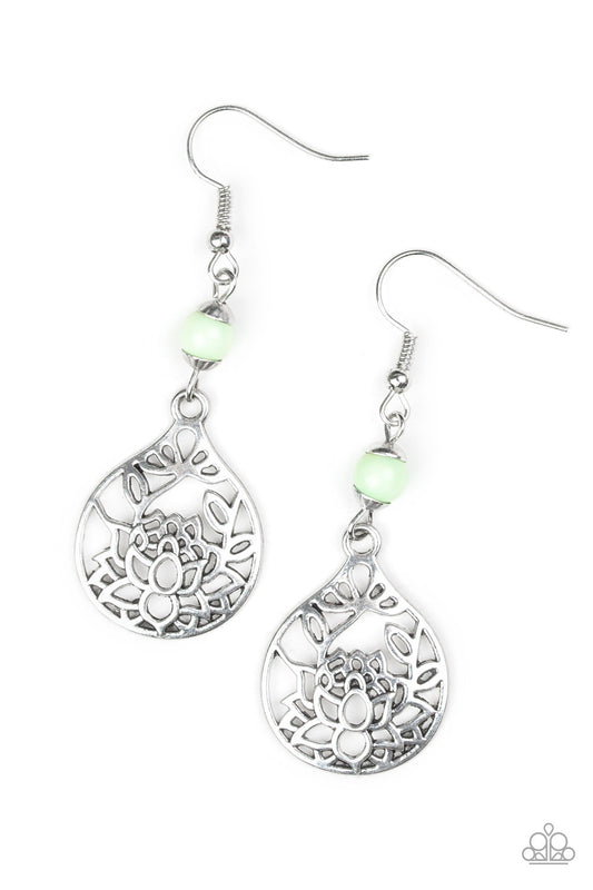 IN BLOOM - GREEN BEAD SILVER TEARDROP FLOWER LOTUS FLORAL CUTOUT DAINTY EARRINGS