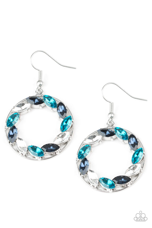GLOBAL GLOW - MULTI BLUE TOPAZ AQUAMARINE CLEAR RHINESTONES SILVER CIRCLE HOOP EARRINGS