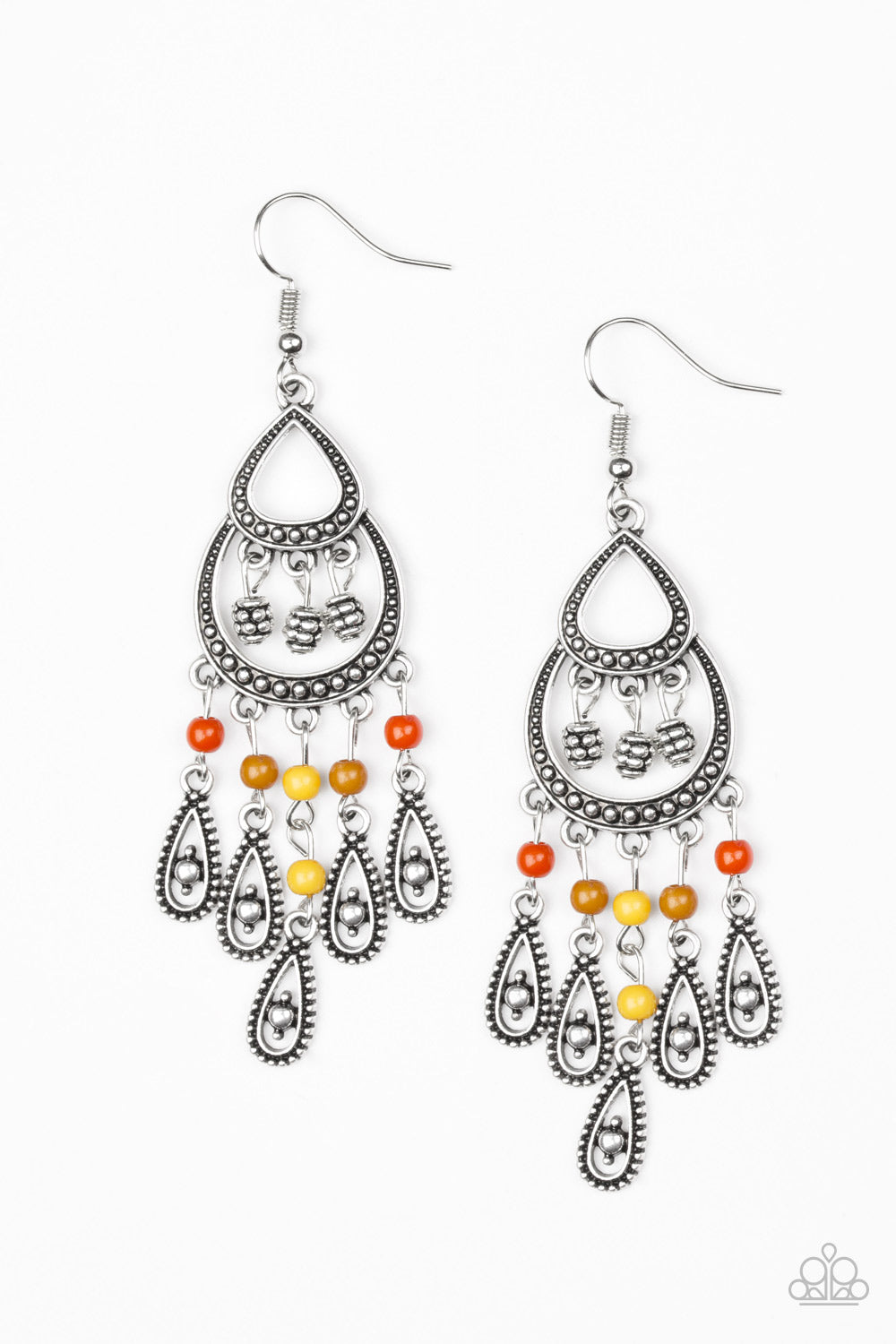 EASTERN EXCURSION - MULTI BROWN YELLOW ORANGE BEADS SILVER TEARDROP FRINGE EARRINGS