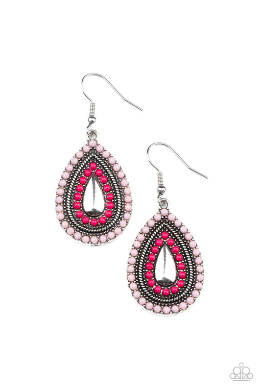 BEADED BONANZA - PINK BEADS SILVER TEARDROP PENDANT EARRINGS