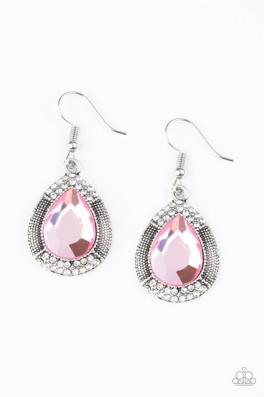 GRANDMASTER SHIMMER - PINK RHINESTONE TEARDROP SILVER FRAME EARRINGS