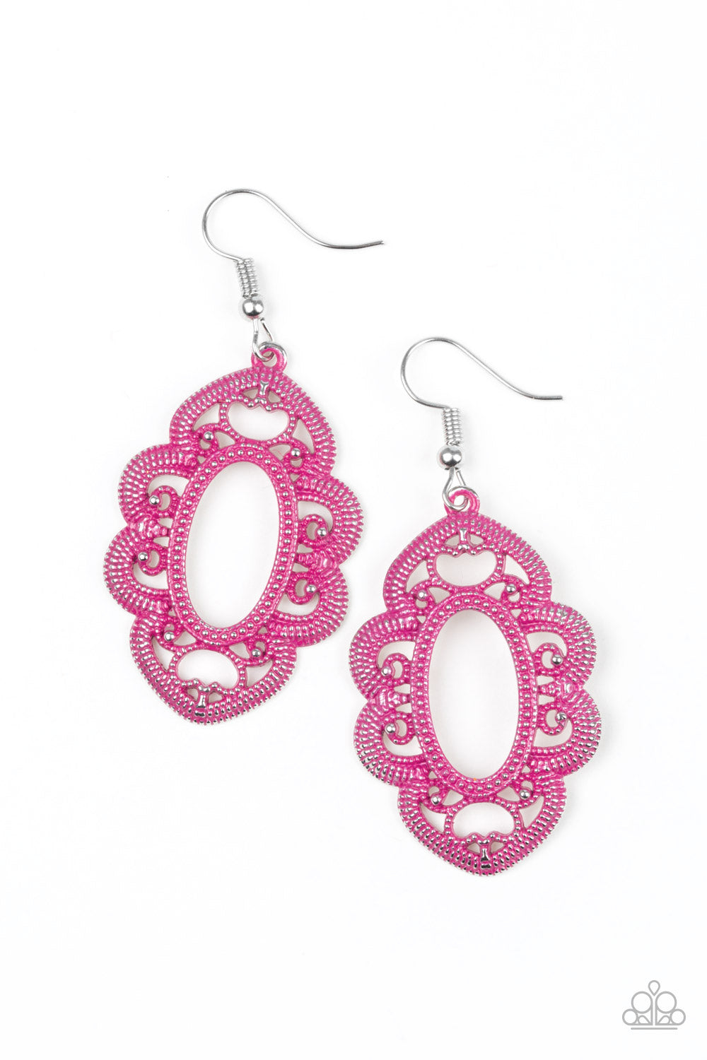 MANTRAS AND MANDALAS - PINK OVAL SCALLOPED SILVER FILIGREE FRAME EARRINGS