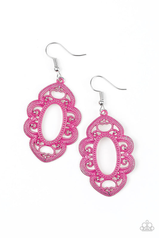MANTRAS AND MANDALAS - PINK OVAL SCALLOPED SILVER FILIGREE FRAME EARRINGS