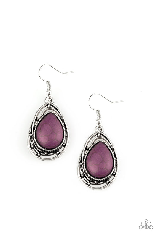 ABSTRACT ANTHROPOLOGY - PURPLE TURQUOISE TEARDROP SILVER FRAME PENDANT EARRINGS