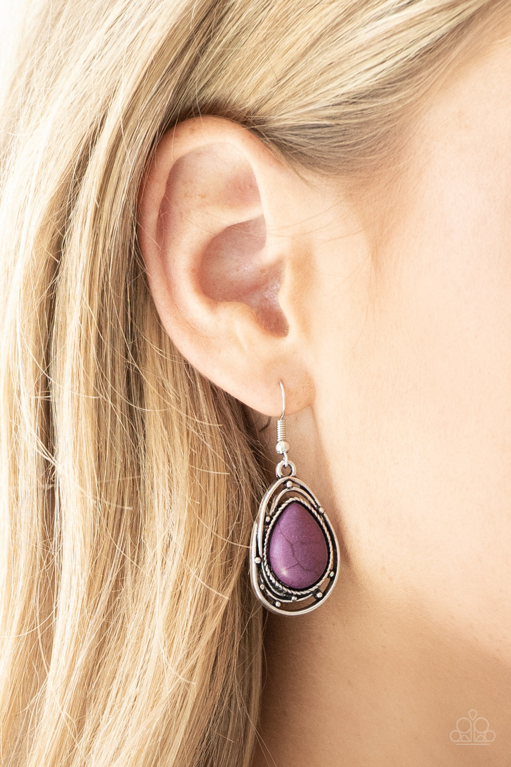 ABSTRACT ANTHROPOLOGY - PURPLE TURQUOISE TEARDROP SILVER FRAME PENDANT EARRINGS