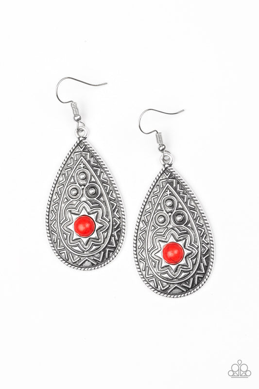 SUMMER SOL - RED TURQUOISE SILVER TEXTURED TEARDROP SUN BURST PENDANT EARRINGS