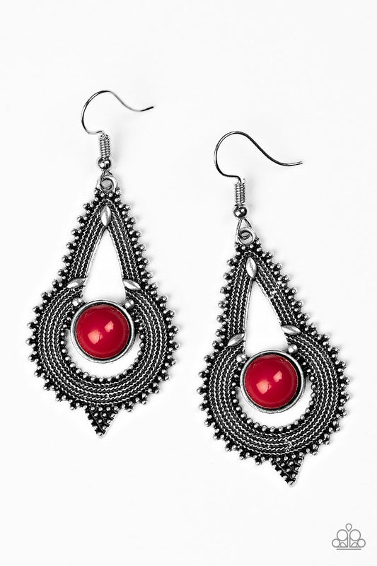 ZOOMIN' ZUMBA - RED BEAD TEXTURED SILVER BOHO EARRINGS