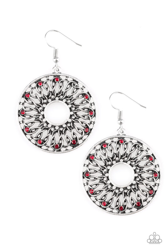 MALIBU MUSICAL - RED GARNET RUBY RHINESTONES CIRCLE WHEEL FILIGREE PENDANT HOOP EARRINGS