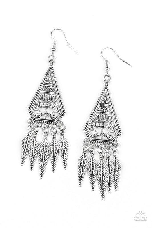 ME OH MAYAN - SILVER TRIBAL ETCHED PYRAMID ARROWS FRINGE EARRINGS