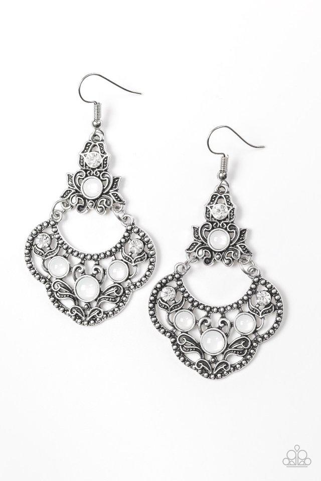 GARDEN STATE GLOW - WHITE BEADS SCALLOPED TEARDROP SILVER EARRINGS