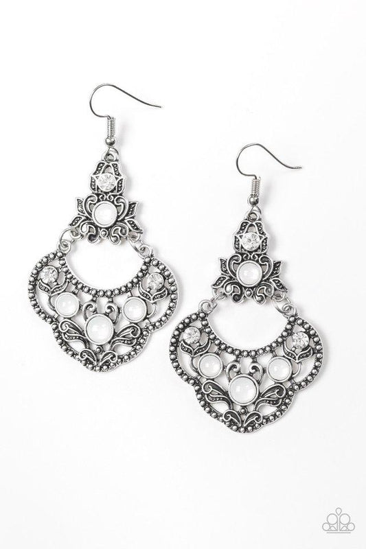 GARDEN STATE GLOW - WHITE BEADS SCALLOPED TEARDROP SILVER EARRINGS