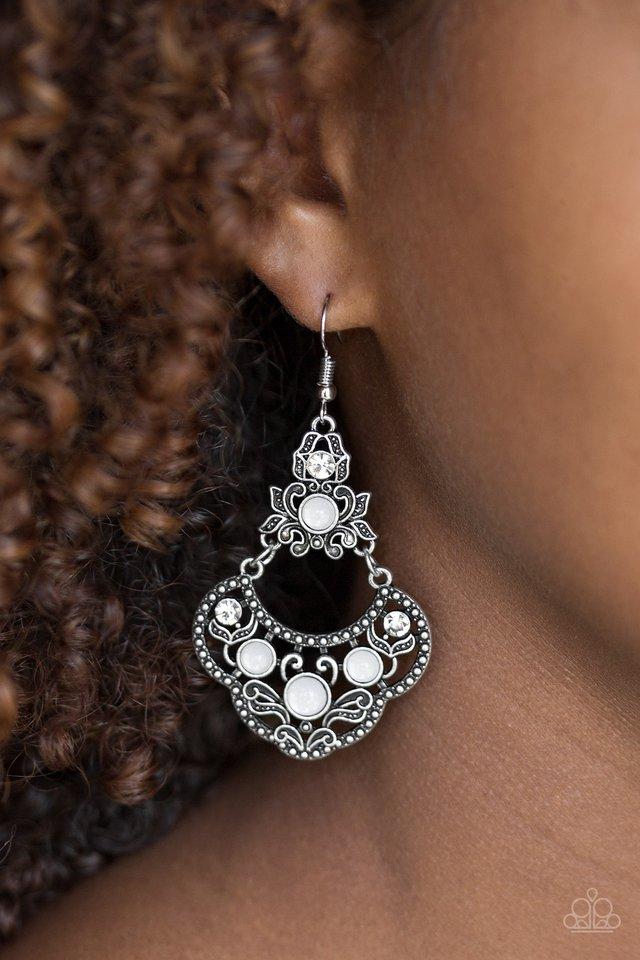 GARDEN STATE GLOW - WHITE BEADS SCALLOPED TEARDROP SILVER EARRINGS
