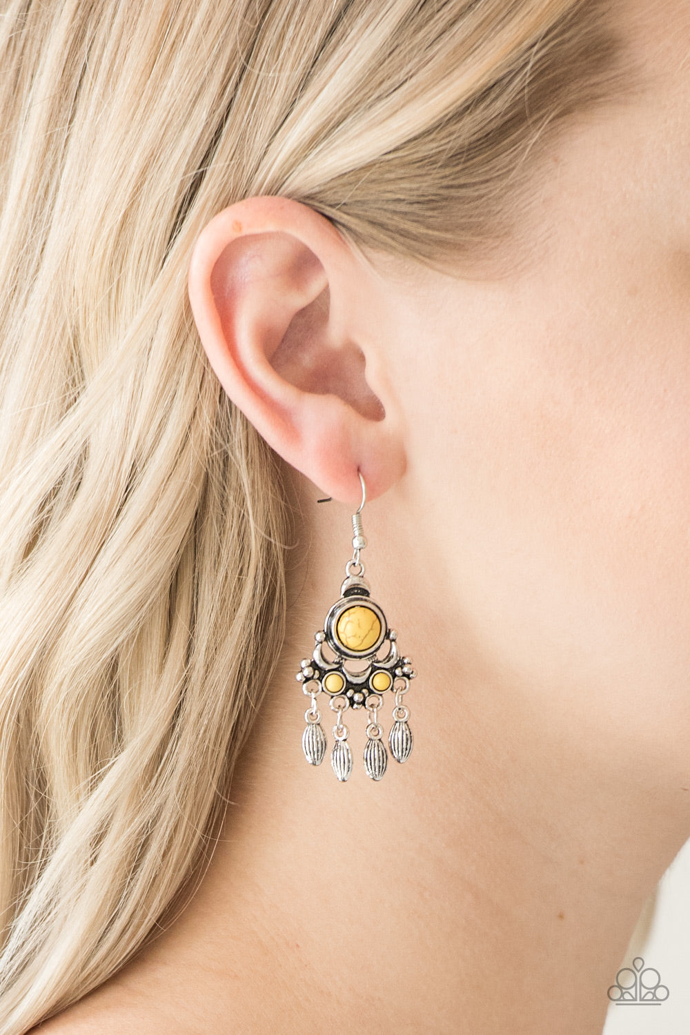 NO PLACE LIKE HOMESTEAD - YELLOW TURQUOISE SILVER FRINGE EARRINGS