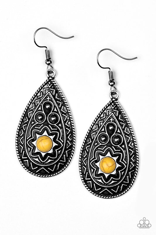 SUMMER SOL - YELLOW TURQUOISE SILVER TEXTURED TEARDROP SUN BURST PENDANT EARRINGS