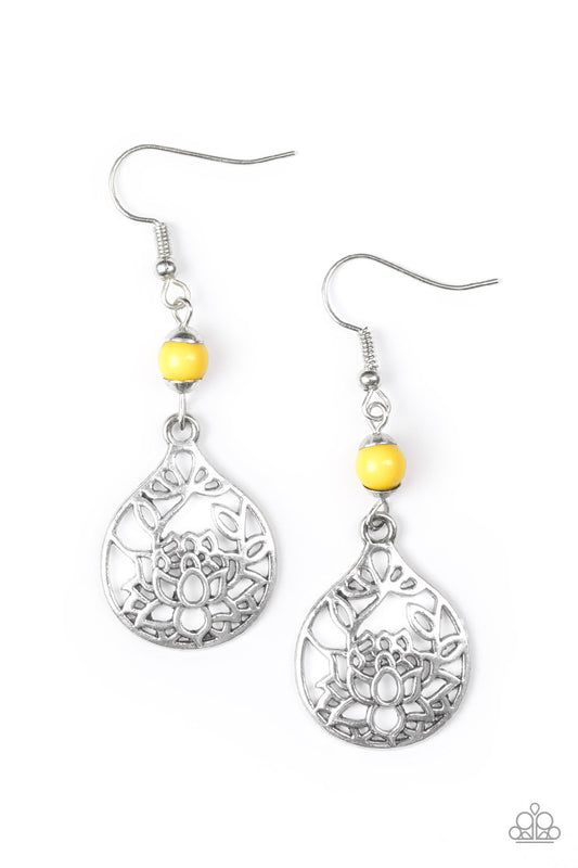 IN BLOOM - YELLOW BEAD SILVER TEARDROP LOTUS FLOWER CUTOUT EARRINGS