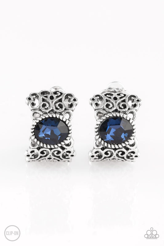 GLAMOROUSLY GRAND DUCHESS - BLUE SAPPHIRE RHINESTONE SILVER FILIGREE CLIPON EARRINGS