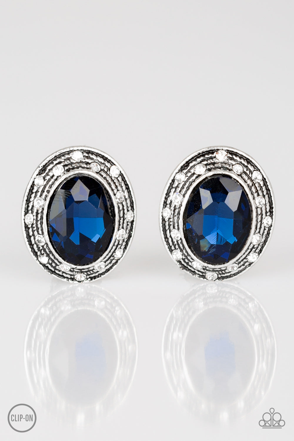 EAST SIDE ETIQUETTE - BLUE SAPPHIRE RHINESTONE OVALSILVER FRAME CLEAR RHINESTONES CLIP ON EARRINGS